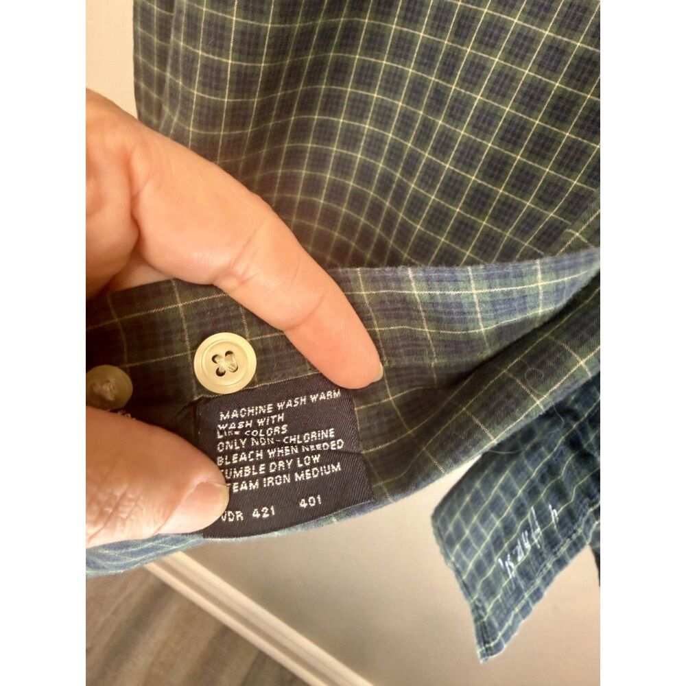 Y2K Nautica Men's Green and Navy Plaid Long Sleeve Button Down Size XL - Picture 11 of 15